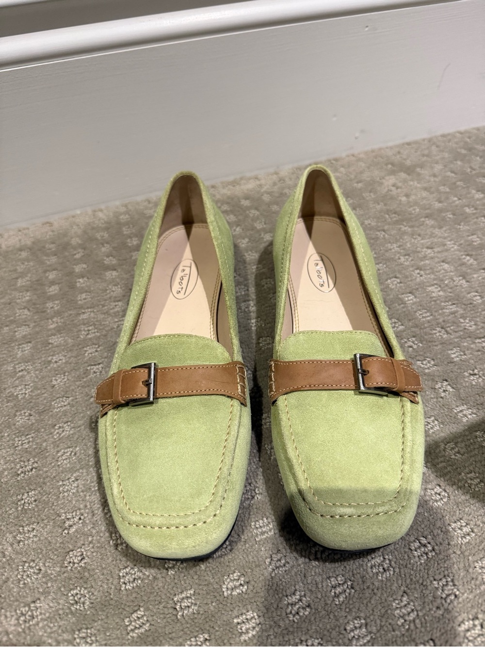 Vintage Talbots Green Suede Loafers with Brown Strap